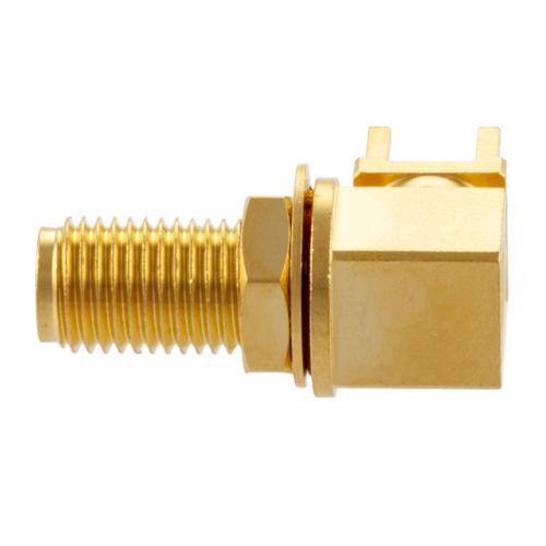 SMA Female (Jack) Right Angle Bulkhead Mount Connector Solder Attachment Thru Hole PCB, .256 inch Diameter, IP68 mated FMCN5368