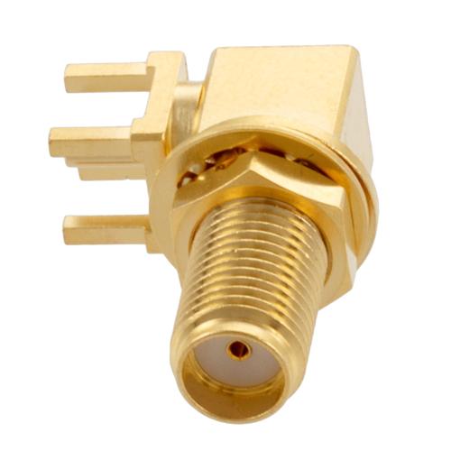 SMA Female (Jack) Right Angle Bulkhead Mount Connector Solder Attachment Thru Hole PCB, .256 inch Diameter, IP68 mated FMCN5368