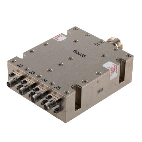 4 Way Broadband Combiner SMA Female Input and N-Type Female Output from 2 GHz to 8 GHz rated 300 Watts FMS0035