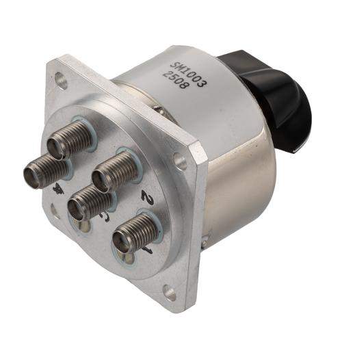Manual SP4T Switch from DC to 18 GHz, SMA Female, and Rated to 30 Watts FMSM1003