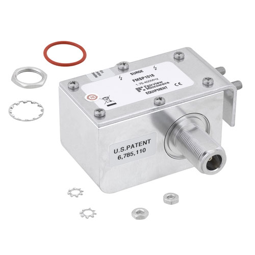 Type N F/F In/Out Coaxial RF Surge Protector, 40MHz - 400MHz, DC Pass, 100W, IP67, 20kA, Hybrid, Bracket Toward Body, Stud FMSP1018