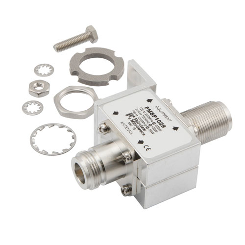 Type N F/F In/Out Bulkhead Coaxial RF Surge Protector, 125MHz - 1GHz, DC Block, 200W, 50kA, Blocking Cap and Gas Tube FMSP1029