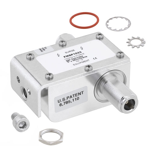 Type N F/F In/Out Coaxial RF Surge Protector, 100MHz - 512MHz, DC Block, 750W, IP67, 20kA, Filter, Bracket Toward Body FMSP1033