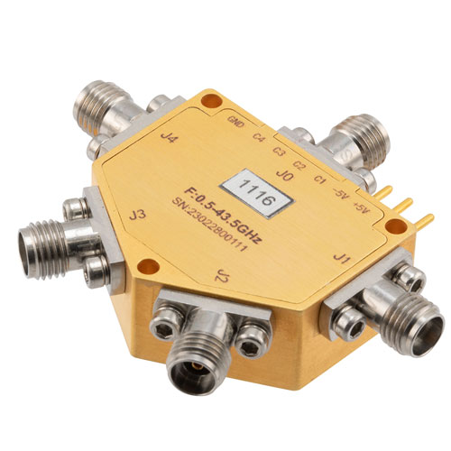 Absorptive SP4T Wideband PIN Diode Switch Operating 500 MHz to 43.5 GHz, Up to 23 dBm, 80 nsec max and 2.92mm FMSW1116