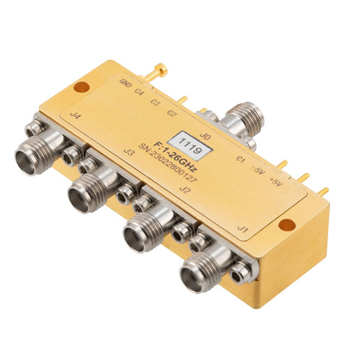 Reflective SP4T Broadband PIN Diode Switch Operating from 1 GHz to 26 GHz, Up to 23 dBm, 100 nsec max and SMA FMSW1119