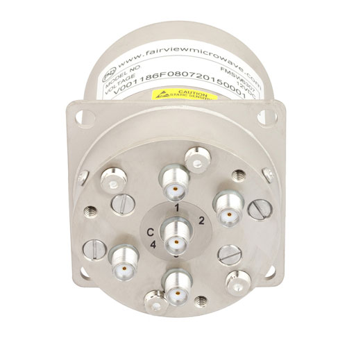 SP4T Latching DC to 22 GHz Terminated Electro-Mechanical Relay Switch, Indicators, TTL, Self Cut Off, Diodes, 20W, 12V, SMA FMSW6307