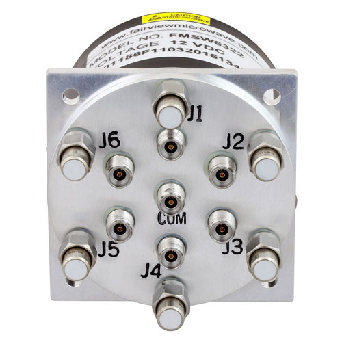 SP6T Latching DC to 40 GHz Terminated Electro-Mechanical Relay Switch, Self Cut Off, Indicators, Reset, 3W, 12V, 2.92mm FMSW6321