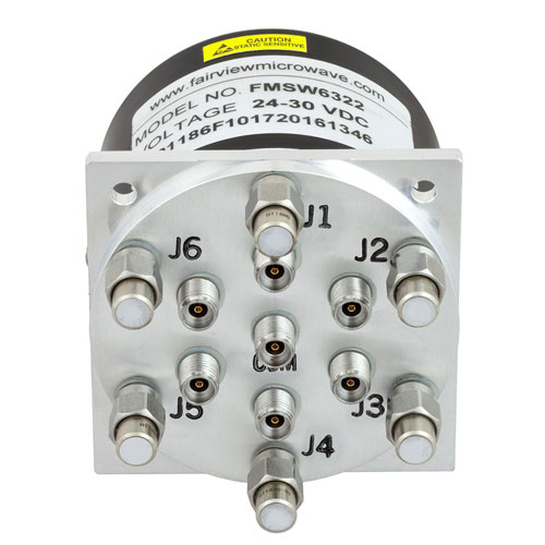 SP6T Latching DC to 40 GHz Terminated Electro-Mechanical Relay Switch, Self Cut Off, Indicators, Reset, 3W, 28V, 2.92mm FMSW6322