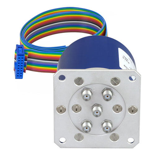 SP4T Latching 0.03 dB Low Insertion Loss Repeatability DC to 20 GHz Terminated Relay Switch, Indicators, Self Cut Off, Reset, 70W, 24V, SMA FMSW6333