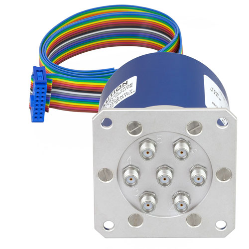SP6T Latching 0.03 dB Low Insertion Loss Repeatability DC to 20 GHz Terminated Relay Switch, Indicators, Self Cut Off, TTL, 70W, 24V, SMA FMSW6339