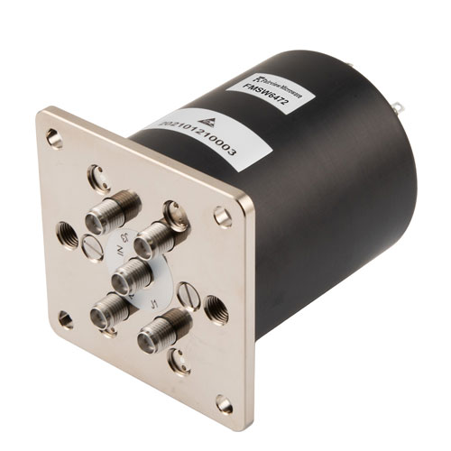 SP4T E-M Relay Normally Open Switch, Terminated, DC to 26.5 GHz, 90W, 2M Lifecycles, 12V, Indicators, TTL, Suppression Diodes, SMA FMSW6472