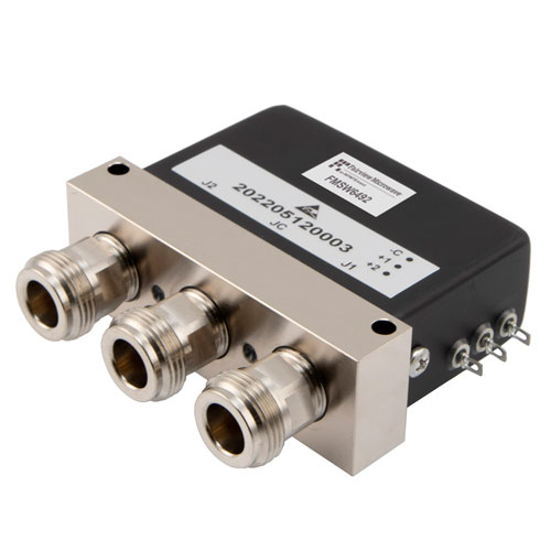 SPDT Electromechanical Relay Latching Switch DC to 12.4 GHz, 2M Lifecycles, N, 160 Watts, 28V, Self Cut Off, Diodes, Solder Pins FMSW6492