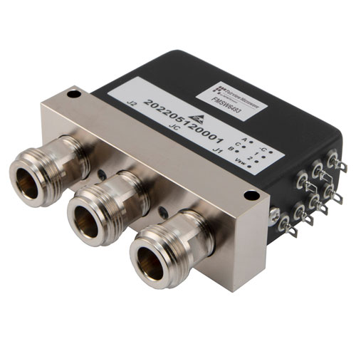 SPDT Electromechanical Relay Latching Switch, DC to 12.4 GHz, 2M lifecycles, 160 Watts, 12V, TTL, Diodes, Self Cut Off, N, Solder Pins FMSW6493