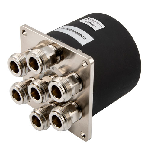 SP6T Electromechanical Relay Normally Open Switch DC to 12.4 GHz, 2M Lifecycles, N, 50 Watts, 12V, Solder Pins FMSW6501