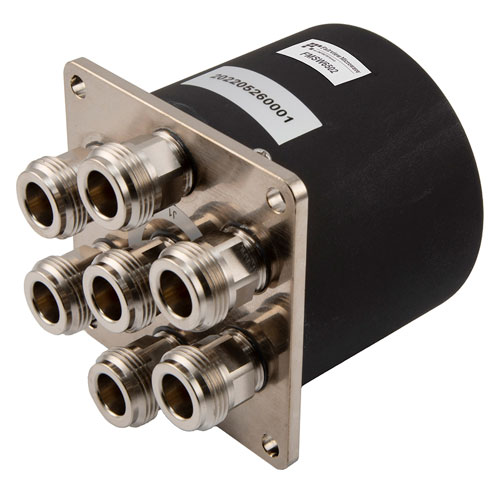 SP6T Electromechanical Relay Normally Open Switch DC to 12.4 GHz, 2M Lifecycles, N, 50 Watts, 28V, Solder Pins FMSW6502