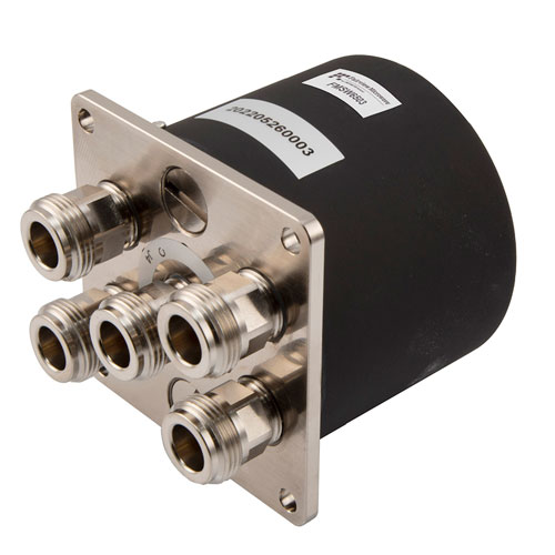 SP4T Electromechanical Relay Normally Open Switch DC to 12.4 GHz, 2M Lifecycles, N, 160 Watts, 28V, Solder Pins FMSW6503