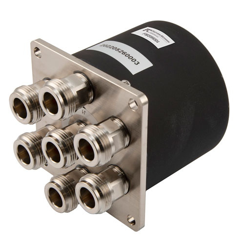 SP6T Electromechanical Relay Normally Open Switch DC to 12.4 GHz, 2M Lifecycles, N, 160 Watts, 12V, Solder Pins FMSW6504