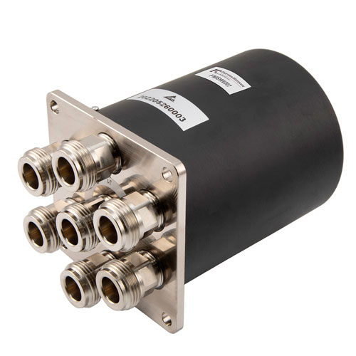 SP6T Electromechanical Relay Normally Open Switch DC to 12.4 GHz, 2M lifecycles, N, 160 Watts, 28V, TTL, Diodes, Solder Pins FMSW6507