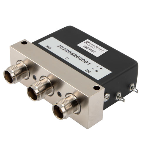 SPDT Electromechanical Relay Failsafe Switch DC to 12.4 GHz, 2M Lifecycles, TNC, 50 Watts, 28V, Solder Pins FMSW6508