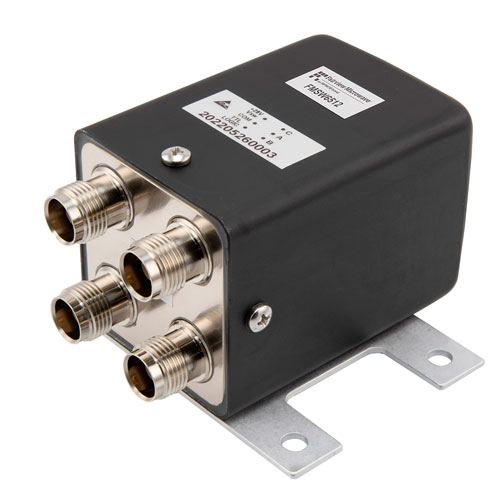 Transfer Electromechanical Relay Failsafe Switch DC to 12.4 GHz, 2M Lifecycles, TNC, 50 Watts, 28V, Indicators, TTL, Diodes, Solder Pins FMSW6512