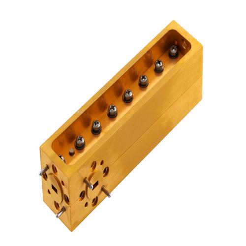 20 dB WR-15 Waveguide Broadwall Coupler with UG-385/U Round Cover Flange and H-Plane Coupled Port from 50 GHz to 75 GHz in Brass Copper FMW15CP011-20
