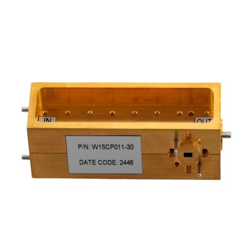 30 dB WR-15 Waveguide Broadwall Coupler with UG-385/U Round Cover Flange and H-Plane Coupled Port from 50 GHz to 75 GHz in Brass Copper FMW15CP011-30