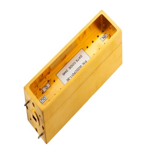 30 dB WR-22 Waveguide Broadwall Coupler with UG-383/U Round Cover Flange and H-Plane Coupled Port from 33 GHz to 50 GHz in Brass Copper FMW22CP011-30