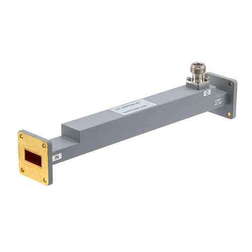60 dB WR-90 Waveguide Broadwall Coupler with UG Cover Flange and N-Type Female Coupled Port from 8.2 GHz to 12.5 GHz in Copper FMW90CP001-60