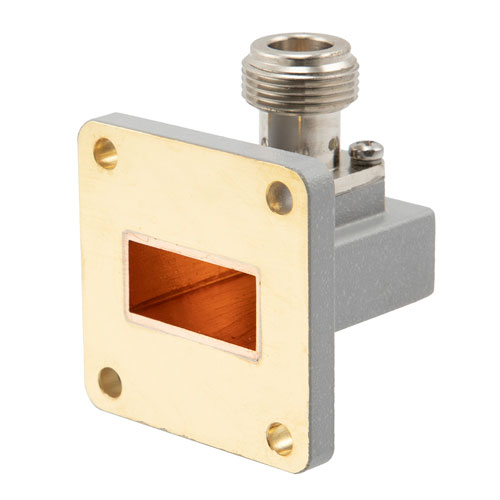 WR-90 to Type N Female Waveguide to Coax Adapter UBR100 with 8.2 GHz to 12.4 GHz in Brass FMWCA1092