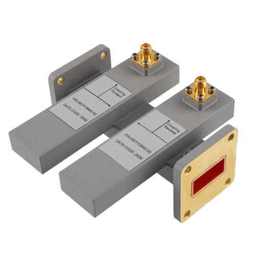 50 dB WR-90 Waveguide Dual Directional Crossguide Coupler with UG-39/U and SMA Female Coupling Ports from 8.2 GHz to 12.5 GHz in Brass FMWCP1094S-50
