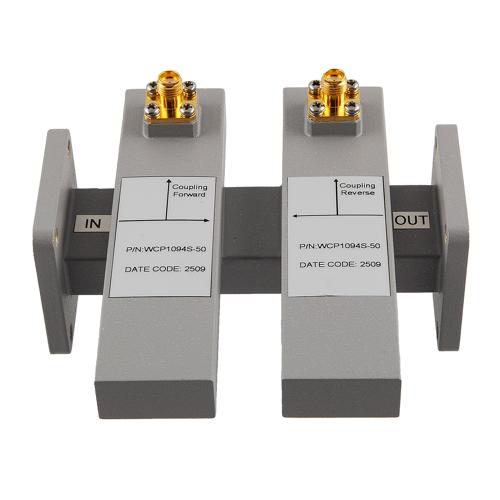 50 dB WR-90 Waveguide Dual Directional Crossguide Coupler with UG-39/U and SMA Female Coupling Ports from 8.2 GHz to 12.5 GHz in Brass FMWCP1094S-50