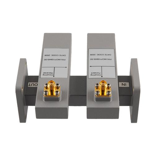 50 dB WR-90 Waveguide Dual Directional Crossguide Coupler with UG-39/U and SMA Female Coupling Ports from 8.2 GHz to 12.5 GHz in Brass FMWCP1094S-50