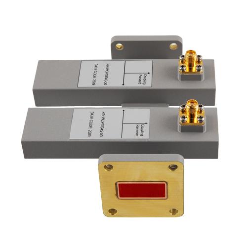 50 dB WR-90 Waveguide Dual Directional Crossguide Coupler with UG-39/U and SMA Female Coupling Ports from 8.2 GHz to 12.5 GHz in Brass FMWCP1094S-50