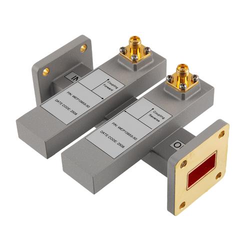 50 dB WR-75 Waveguide Dual Directional Crossguide Coupler with UG Square and SMA Female Coupling Ports from 9.84 GHz to 15 GHz in Brass FMWCP1095S-50