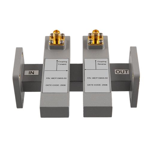 50 dB WR-75 Waveguide Dual Directional Crossguide Coupler with UG Square and SMA Female Coupling Ports from 9.84 GHz to 15 GHz in Brass FMWCP1095S-50