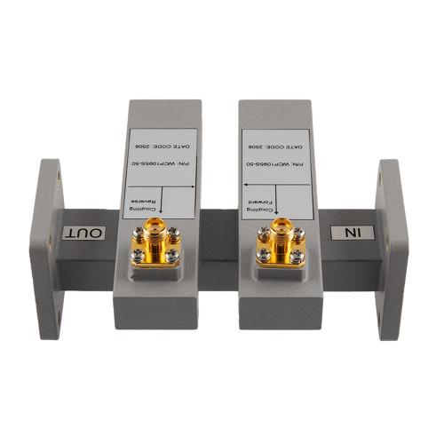 50 dB WR-75 Waveguide Dual Directional Crossguide Coupler with UG Square and SMA Female Coupling Ports from 9.84 GHz to 15 GHz in Brass FMWCP1095S-50