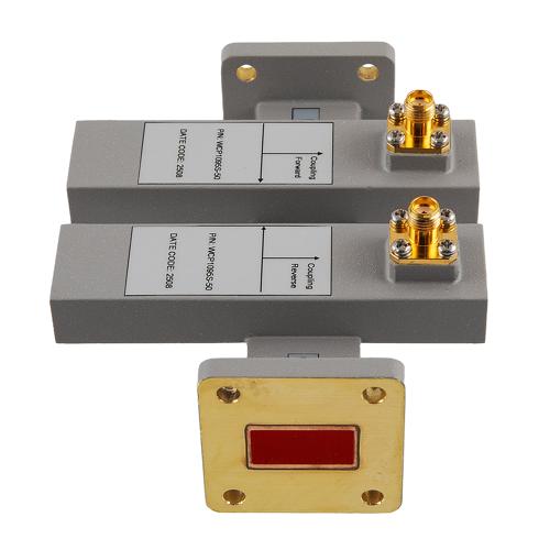 50 dB WR-75 Waveguide Dual Directional Crossguide Coupler with UG Square and SMA Female Coupling Ports from 9.84 GHz to 15 GHz in Brass FMWCP1095S-50