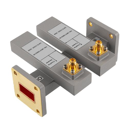50 dB WR-75 Waveguide Dual Directional Crossguide Coupler with UG Square and SMA Female Coupling Ports from 9.84 GHz to 15 GHz in Brass FMWCP1095S-50