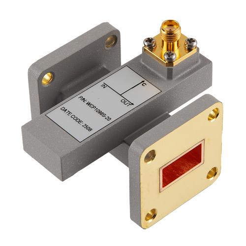 20 dB WR-62 Waveguide Crossguide Coupler with UG-419/U and SMA Female Coupling Port from 13.75 GHz to 14.5 GHz in Brass FMWCP1096S-20