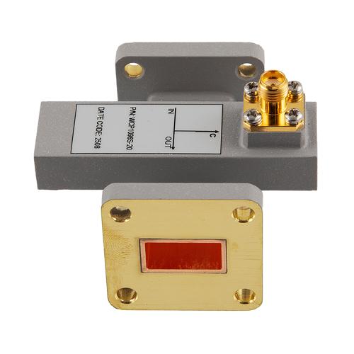 20 dB WR-62 Waveguide Crossguide Coupler with UG-419/U and SMA Female Coupling Port from 13.75 GHz to 14.5 GHz in Brass FMWCP1096S-20
