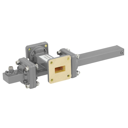 50 dB WR-62 Waveguide Crossguide Coupler with UG-419/U Square Cover Flange and SMA Female Coupled Port from 12.4 GHz to 18 GHz in Bronze FMWCT1059