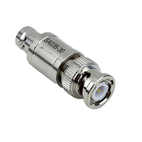 30 dB Fixed Attenuator BNC Male (Plug) to BNC Female (Jack) Up to 3 GHz Rated to 2 Watts, Brass Nickel Body SA03B-30