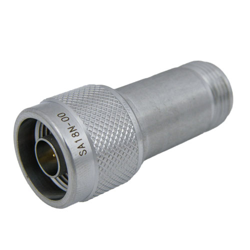 0 dB Fixed Attenuator N Male (Plug) to N Female (Jack) Up to 18 GHz Rated to 2 Watts, Passivated Stainless Steel Body, 1.5 VSWR SA18N-00