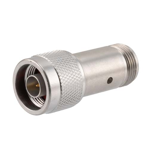 3 dB Fixed Attenuator N Male (Plug) to N Female (Jack) Up to 18 GHz Rated to 2 Watts, Passivated Stainless Steel Body, 1.5 VSWR SA18N-03