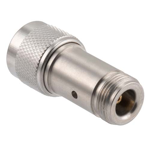 12 dB Fixed Attenuator N Male (Plug) to N Female (Jack) Up to 18 GHz Rated to 2 Watts, Passivated Stainless Steel Body, 1.5 VSWR SA18N-12