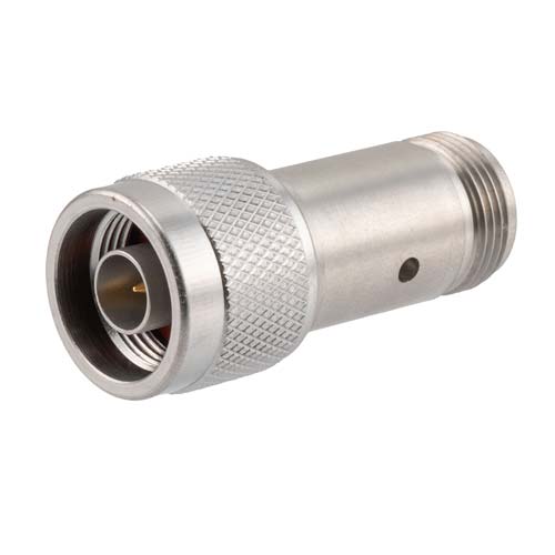 40 dB Fixed Attenuator N Male (Plug) to N Female (Jack) Up to 18 GHz Rated to 2 Watts, Passivated Stainless Steel Body, 1.5 VSWR SA18N-40