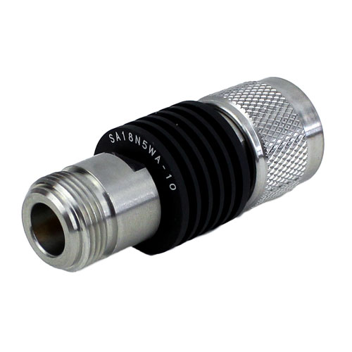 10 dB Fixed Attenuator N Male (Plug) to N Female (Jack) Up to 18 GHz Rated to 5 Watts, Heatsink Body, 1.35 VSWR SA18N5WA-10