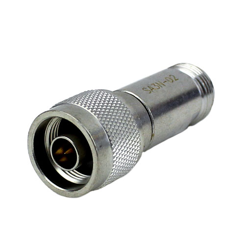 2 dB Fixed Attenuator N Male (Plug) To N Female (Jack) Up To 3 GHz Rated To 2 Watts, Brass Tri-Metal Body, 1.25 VSWR SA3N-02