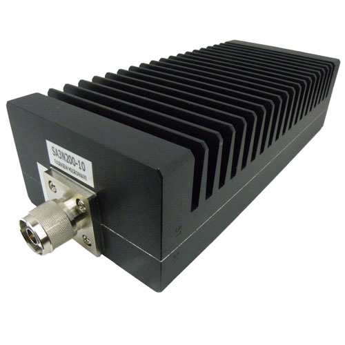 10 dB Fixed Attenuator N Male (Plug) to N Female (Jack) Directional Up to 3 GHz Rated to 200 Watts, Heatsink Body, 1.35 VSWR SA3N200-10