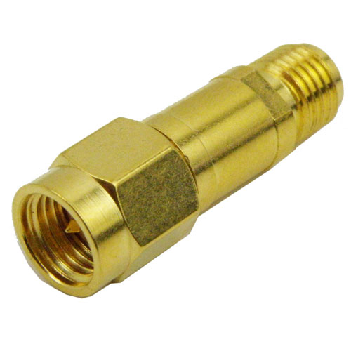 3 dB Fixed Attenuator SMA Male (Plug) to SMA Reverse Polarity Female (Jack) Up to 3 GHz Rated to 2 Watts, Brass Nickel Body, 1.25 VSWR SA3R-03